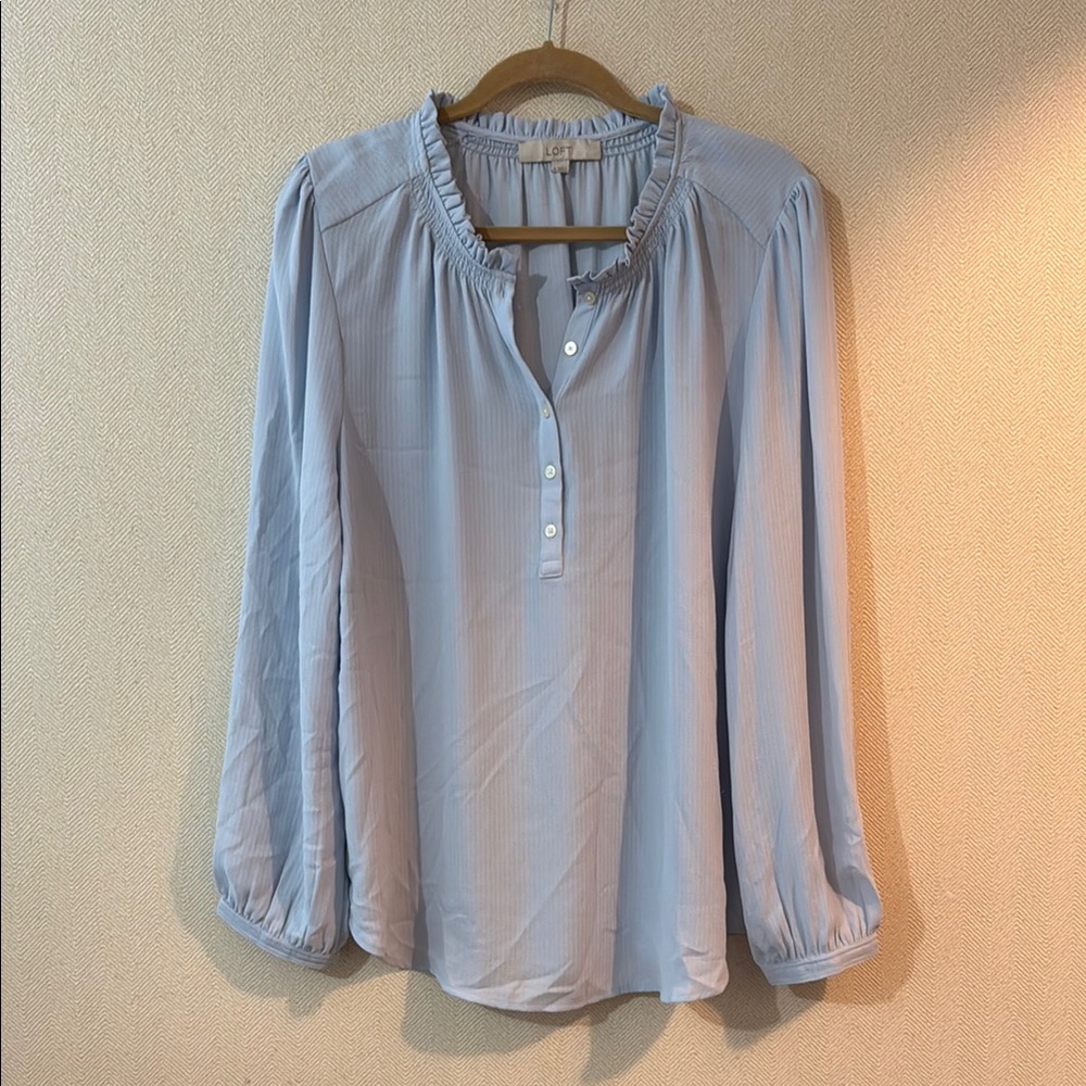 LOFT Blue Long Sleeve Ruffled Blouse with Mandarin Collar